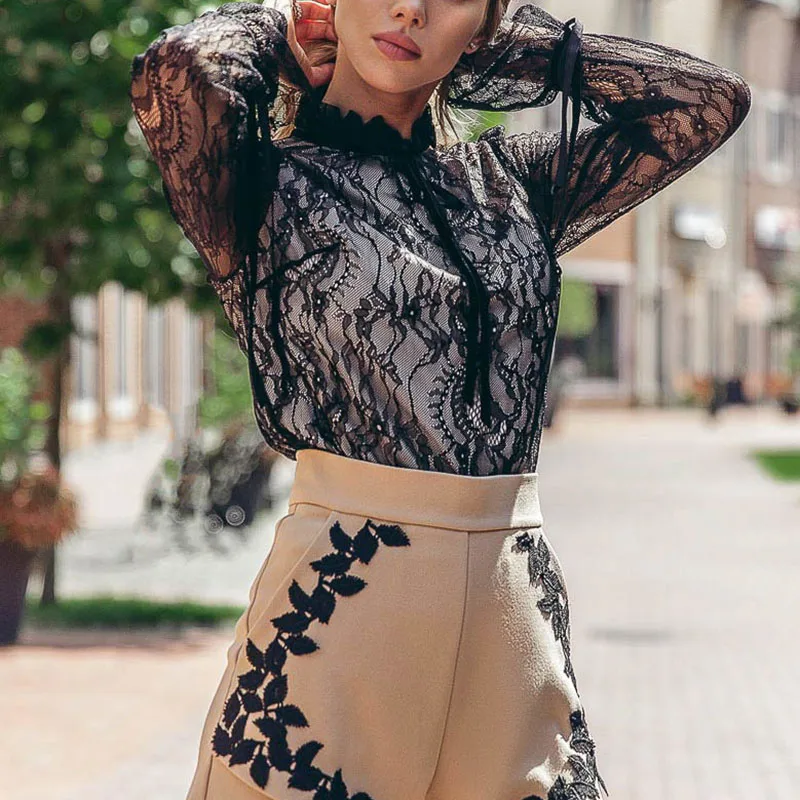 

Women Clothing Lace Perspective Hollow Long Sleeve Tops Stringy Selvedge