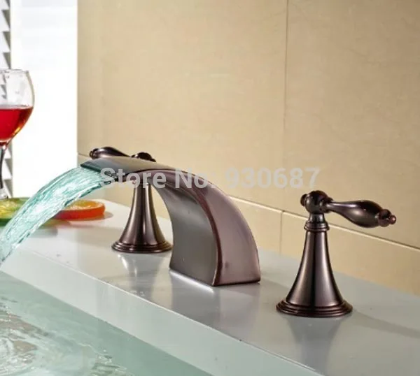 

Retro LED Basin Faucet Dual Handles Deck Mount Mixer Tap Oil Rubbed Bronze