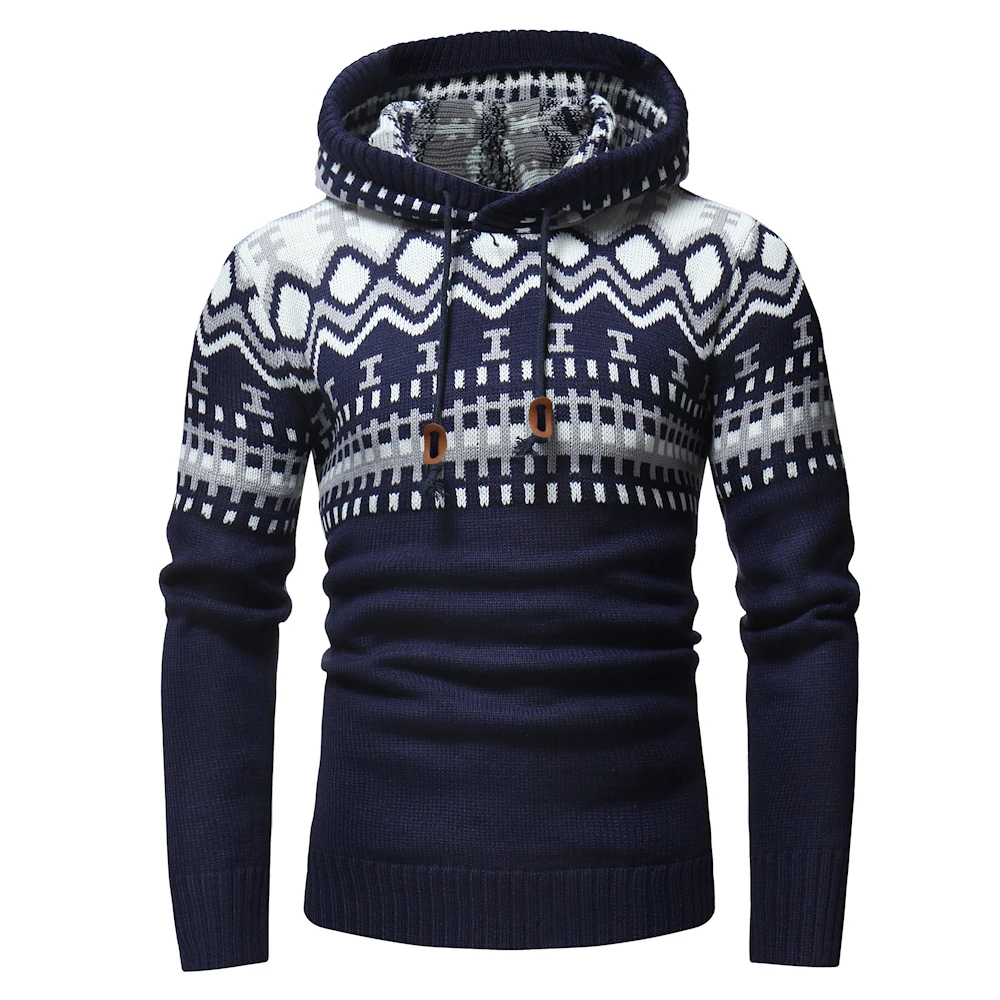 

Autumn and winter Pullover Sweater 2018 Men's Casual Sweater Fashion High Quality Contrast Stitching Hooded Slim Knit Sweater
