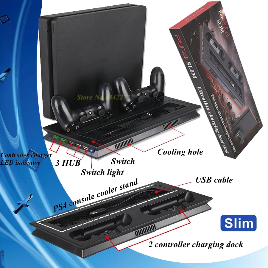 

PS4 Slim Vertical Cooling Charging Stand PS 4 Play Station 4 Controller Charger Dock Station for Sony Playstation 4 Slim Games