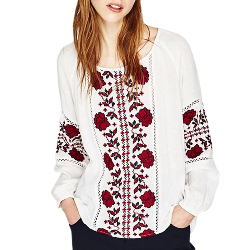 

2017 white women Blouse Cotton floral embroidered shirt turn-down collar lantern long sleeve loose Casual chic Women's Blouses