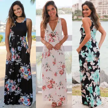 

2017 new Fashion Womens New Floral Dresses Summer Sleeveless Beach Off The Shoulder Summer Casual Sundress Party Beach Dress