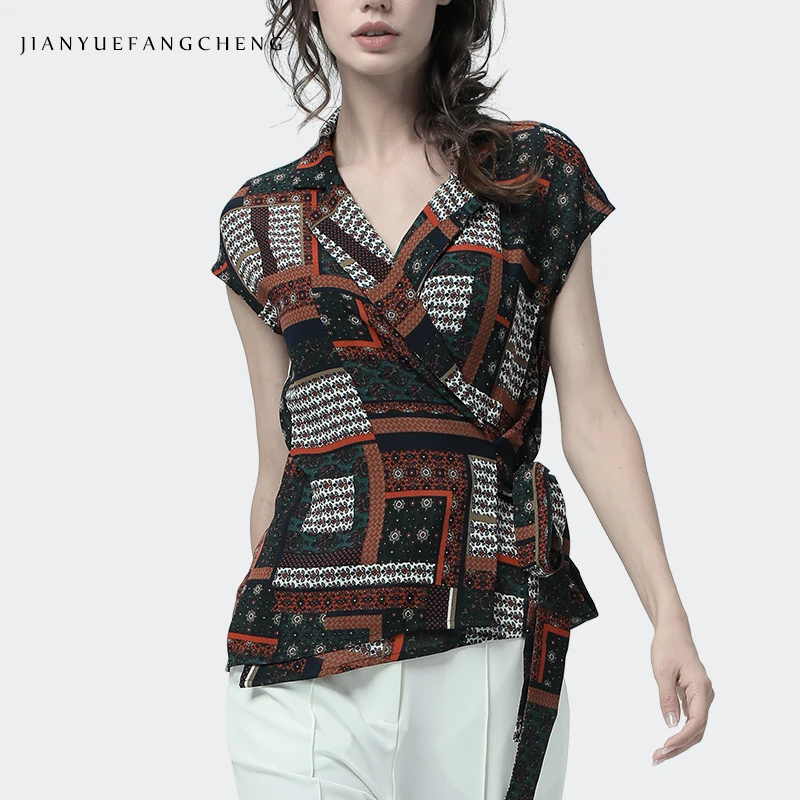 

Summer Short Sleeve Blouse Women Tops Plus Size V-Neck Thin Waist Sashes Cardigan Geometric Pattern Print Vintage Women Clothing