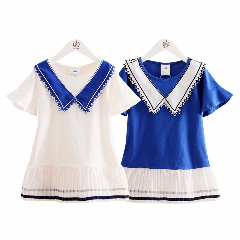 

Kids Girls Dress Summer 2018 Casual Solid Color Dress For Girls Frilly Navy Wind Short-sleeved Children Clothing B0239