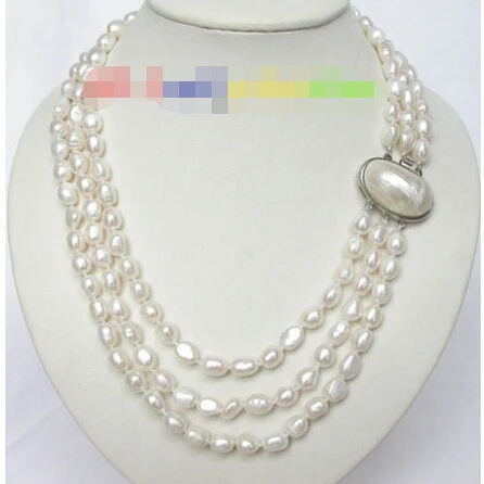 

FREE SHIPPING>@@> Genuine 3row baroque white pearls necklace blister clasp j6711 ^^^@^Noble style Natural Fine jewe &