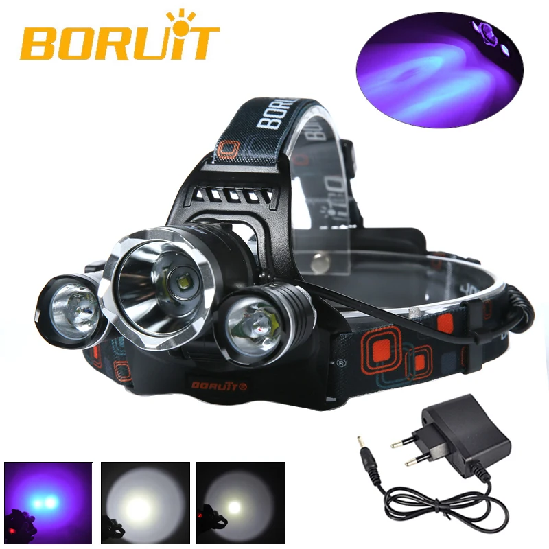 BORUIT 5000LM 3x XML T6 + 2R2 395nm UV Licht LED Stirnlampe kopficht EU Ladegerat для кемпинга рыбалки велоспорта