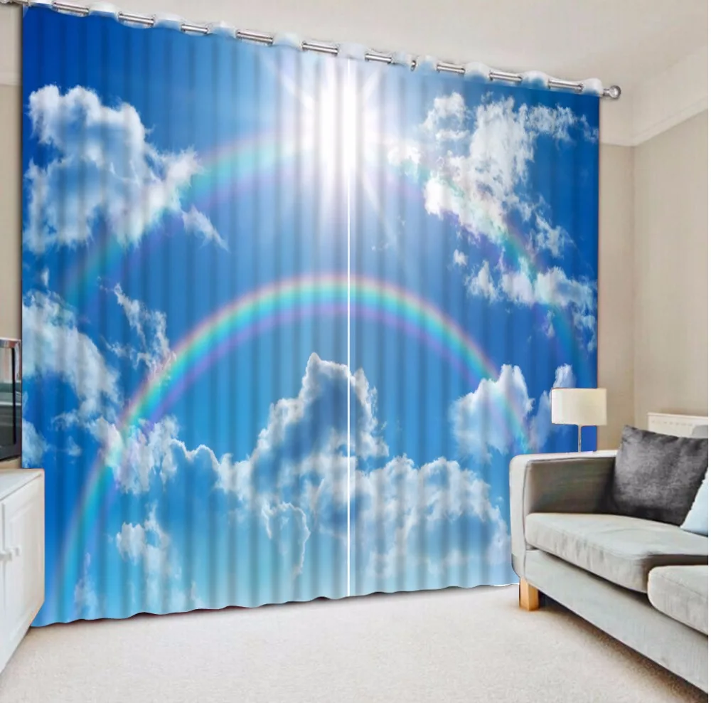 3D Blockout Drapes Fabric Photo Printing Window Curtains Cloud Colorful Rainbow 