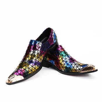

Men Dress Shoes Gold Metal Toe Colorful Party Wedding Shoes For Men Slip-on Rivets Dress Shoes sapato masculino