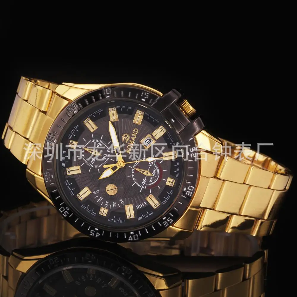 

RQMAND Fashion Decorative Two Bezels with Calendar Steel Strap with 18k Gold Plated Men’s Quartz Watch