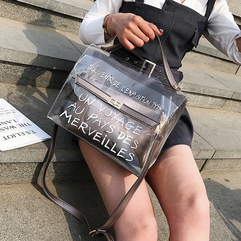 

2018 Women Handbag New Korean Female Bag Transparent Letter PVC Composite Shoulder Bag Messenger Summer Fashion Beach Bag OMADNN
