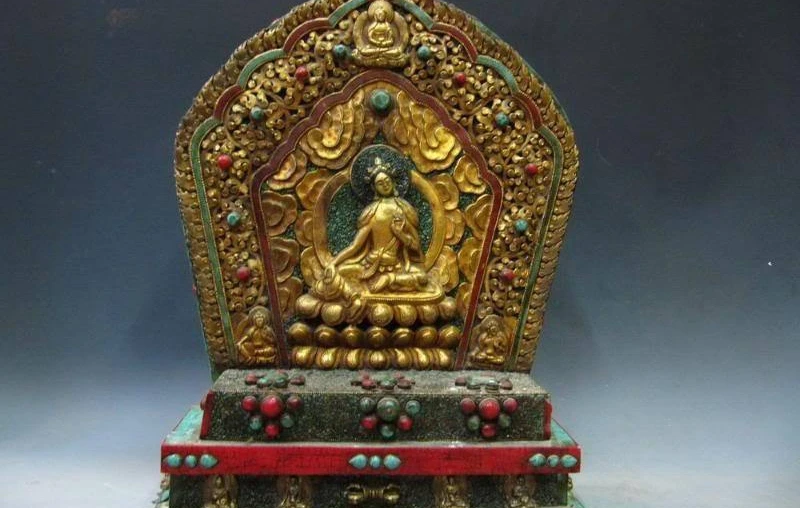

19 Tibet Old Wood inlay Copper Bronze Gild turquoise coral Shrine TangKa Statue
