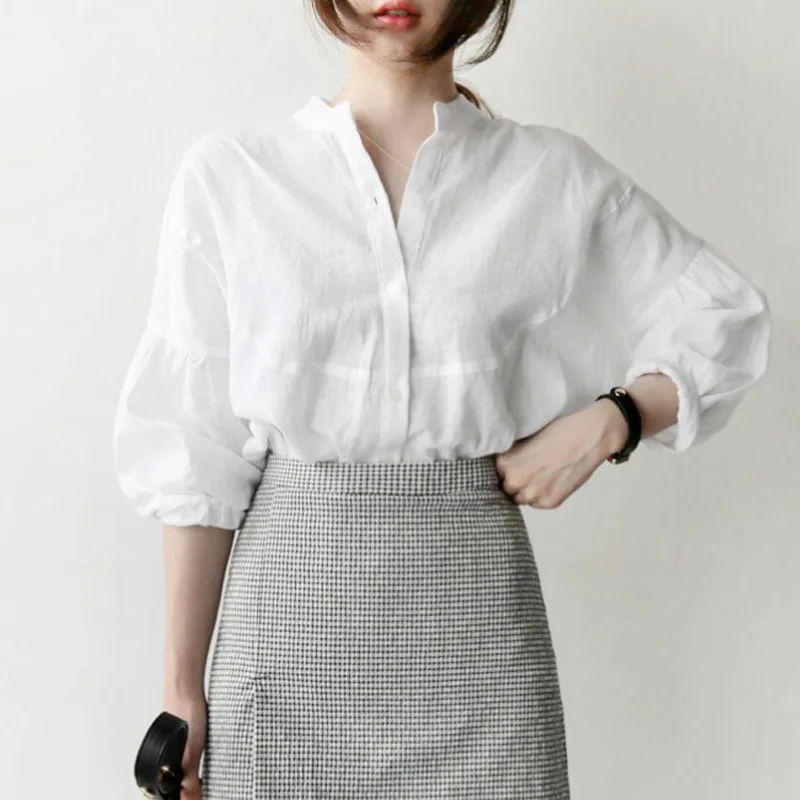 

Dioufond Womens Tops Fashion 2019 Summer Cotton Linen White Shirt Women Long Sleeve Blouse Korean Woman Clothes Roupas Femininas