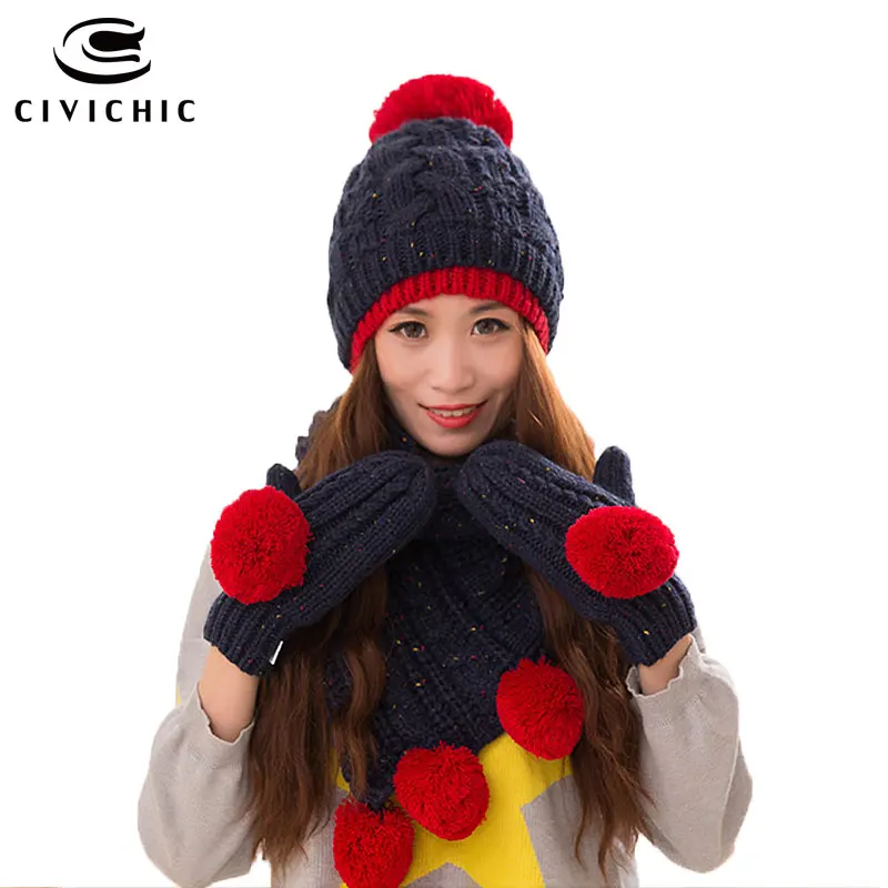 Civichic зима Для женщин вязаная шапка Прихватки для мангала шарф теплый комплект из искусственной шерсти шаль помпоном шапочки Skullies Головные