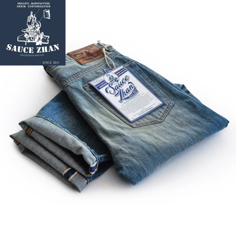 

SauceZhan Vintage Jean Selvedge Jeans Jeans Raw Denim Mens Fashion Jeans Indigo Straight Bleach Stone Wash Motorcycle Jeans