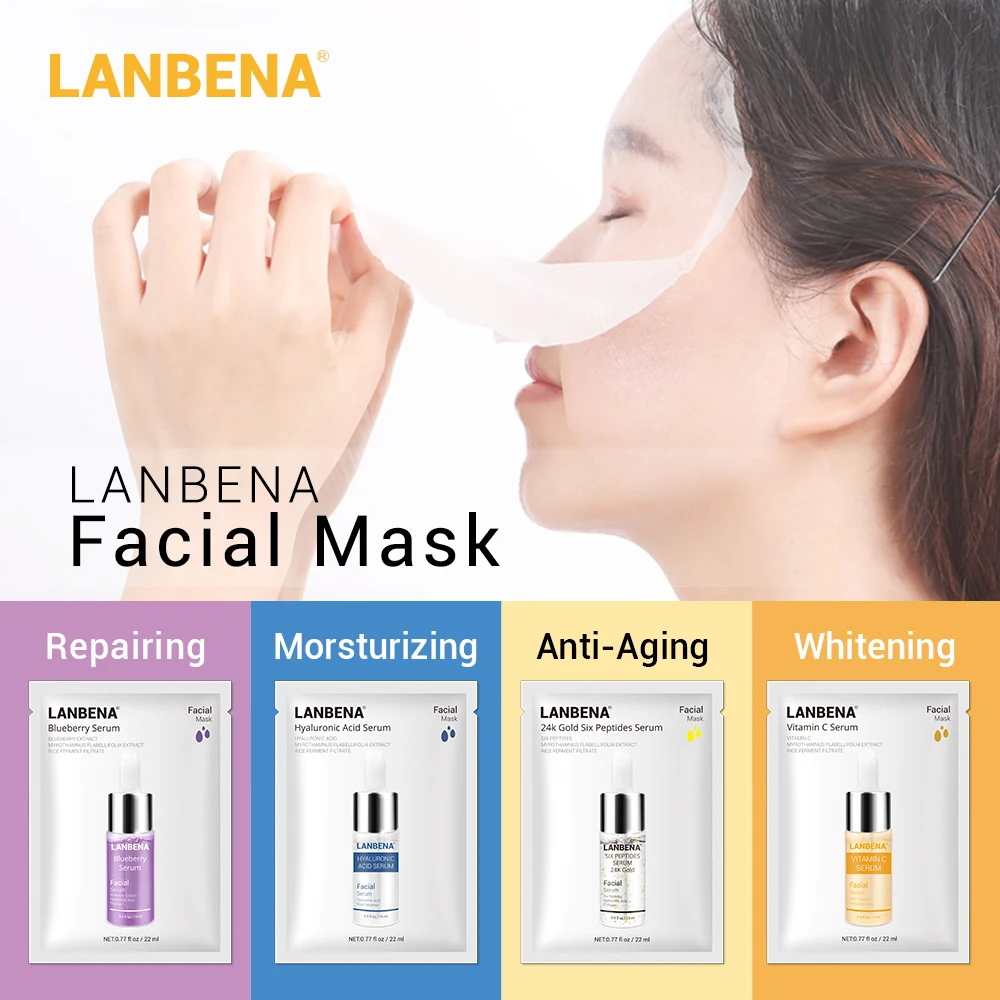 

LANBENA Face Mask Hyaluronic Acid Vitamin C Serum Blueberry Sheet Mask Moisturize Whitening Anti-Aging Water-Locking Skin Care !