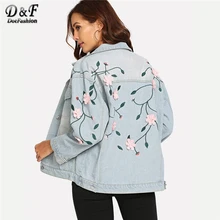 Dotfashion синяя джинсовая куртка с цветочной аппликацией, женские пальто и куртки, повседневная осенняя одежда, Весенняя верхняя одежда