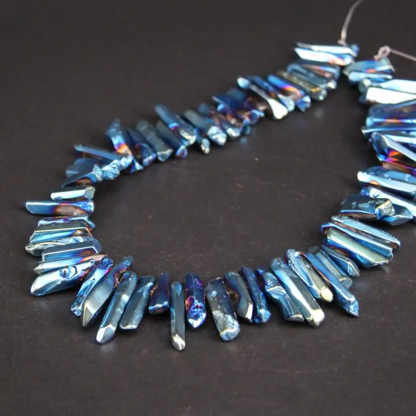 

15.5"strand Polished Blue Green Titanium Natural Crystal Quartz Top Drilled Point Beads,Raw Crystal Stick Pendant Jewelry Making