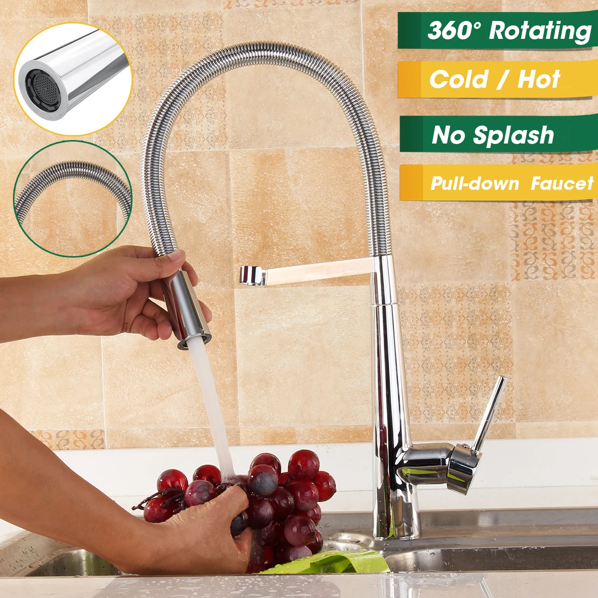 

Xueqin 360Degree Rotate Sprayer Spring Kitchen Faucet Single Handle Pull Out Kitchen Faucet Pull Down With Two Pipe
