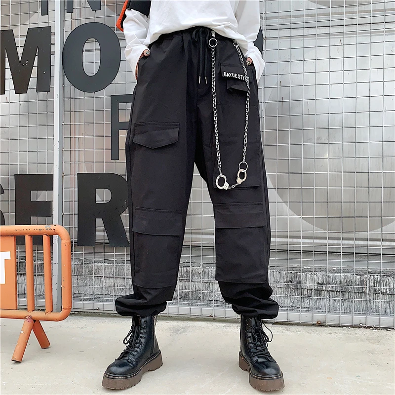 

harajuku New korean fashion Women's clothing streetwear ulzzang personality pockets letter print loose cargo sweat Pants Capris