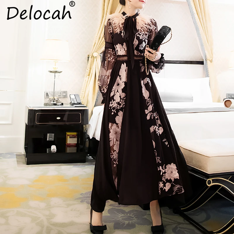 

Delocah Autumn Women Dress Runway Fashion Designer Long Sleeve Gorgeous Embroidery Feathers Casual Modern A-Line Long Dress