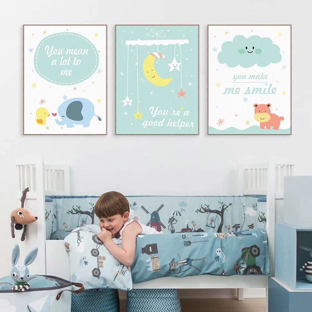 Kawaii Животные Бегемот Луна цитаты Печать на холсте плакат для детской картина