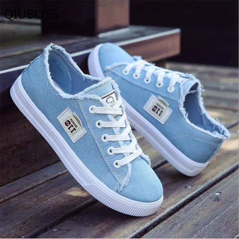 

QIUBOSS 2018 women sneakers canvas shoes summer spring fashion flat shoes breathable lace-up denim casual shoes Q312