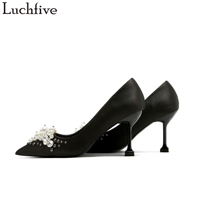 

Luchfive Pearl Crystal Decor Wedding Pumps Women Shallow Slip On Silk Fabrics Bling Pointed Toe High Heels Party Zapatos Mujer
