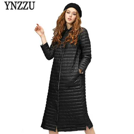 YNZZU, осенне-зимнее Элегантное длинное теплое пальто для женщин, ультра-светильник, белый утиный пух, куртка с длинным рукавом, свободная женская верхняя одежда O658 - Цвет: Черный
