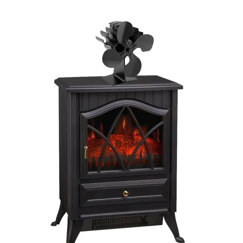 Black Fireplace 4 Blade Heat Powered Stove Fan Log Wood Burner Eco Friendly Quiet Fan Efficient Heat Distribution Stove Fan