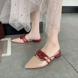 Женские летние 2019 Modis Тапочки кожаные короткие резиновые низкие женские закрытый носок мюли бант узел новые корейские слайды