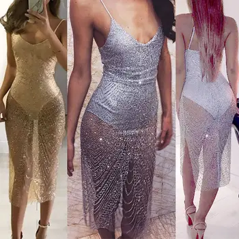

Women Summer Lace Sleeveless Sequined Perspective Party Evening Casual Hot Dress