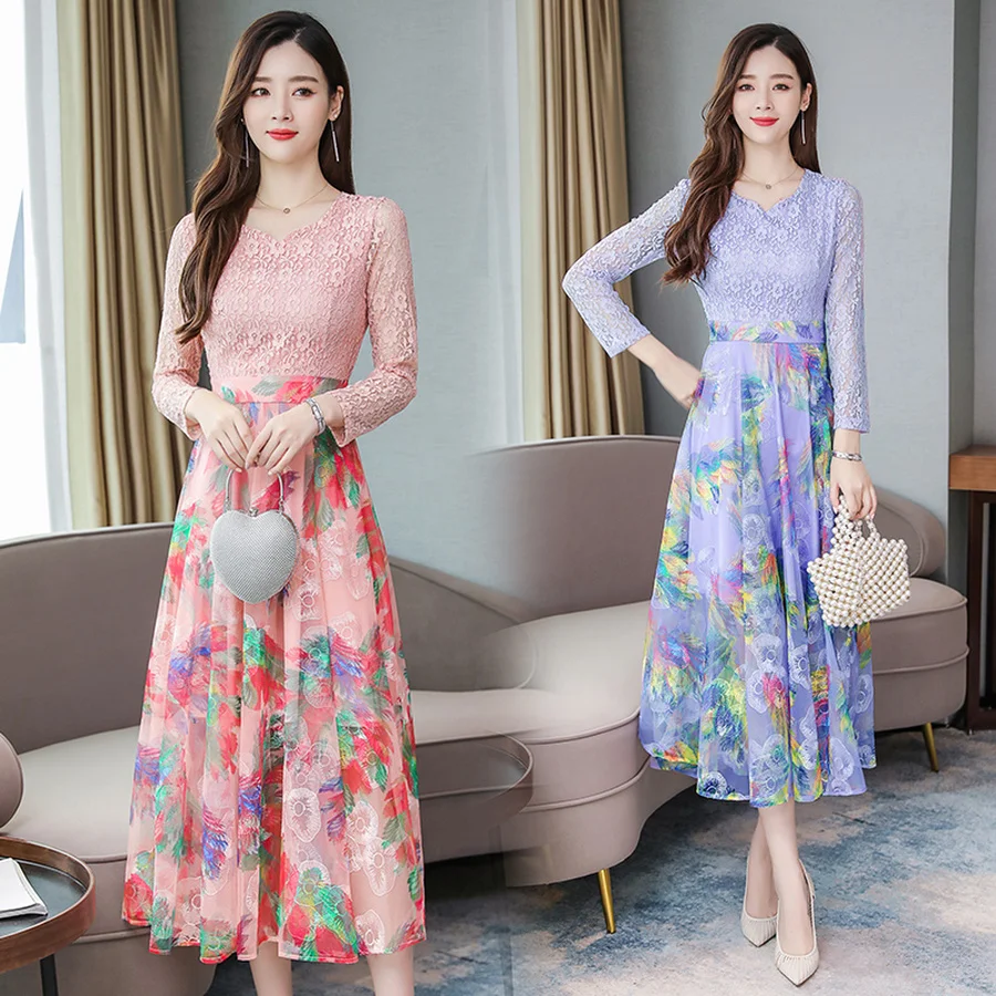 

2019 Vintage 3XL Plus Size Long Sleeve Maxi Dress Autumn Winter Floral Chiffon Lace Dresses Elegant Women Bodycon Party Vestidos