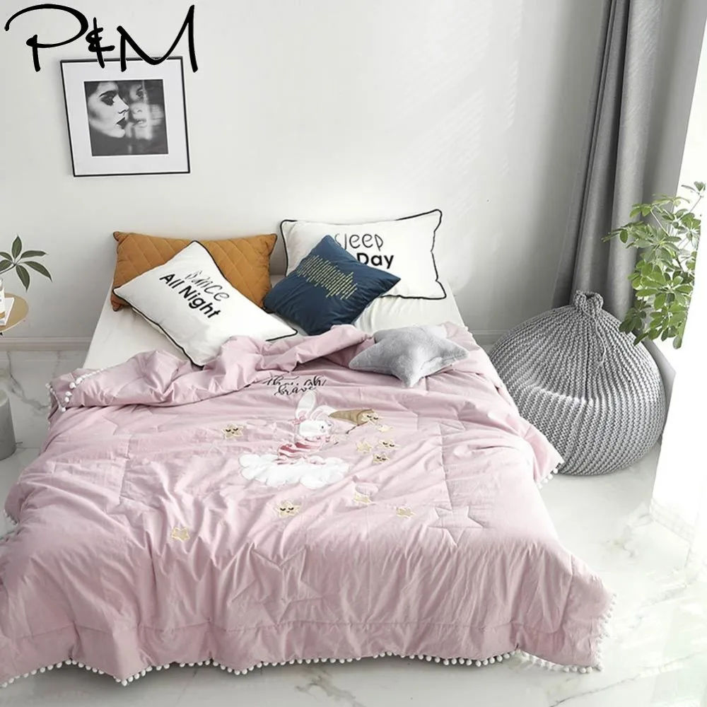 

2019 Bunny Stars Pink Air-condition Thin Summer Quilt Embroidery Comforter Washed Cotton Fabric Queen Size