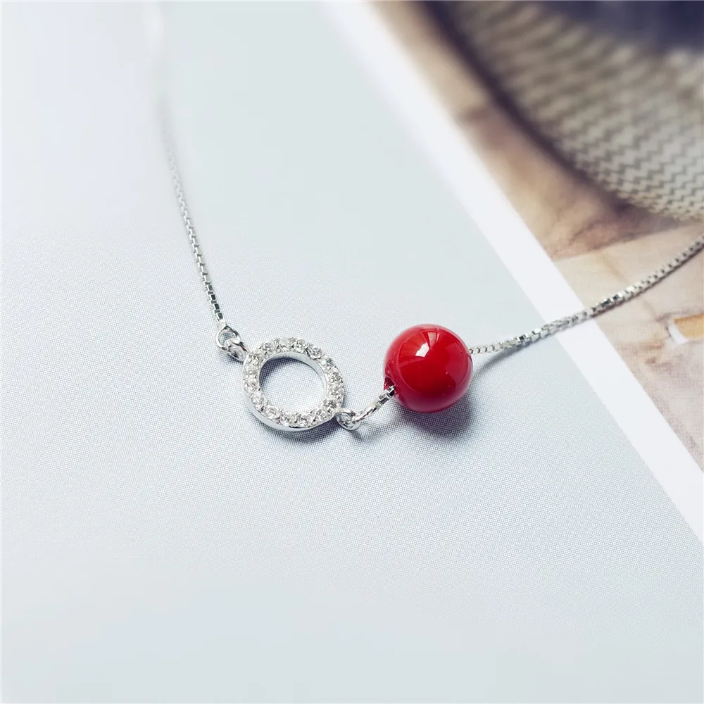 red bead cz circle necklace women 100% 925 Sterling silver nacklace Jewellery Clavicle chain pendant charms gift