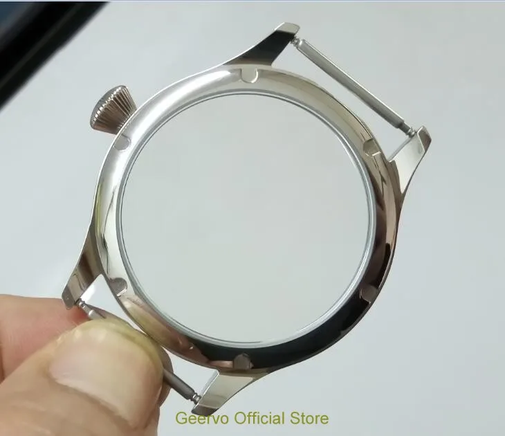 Goede 44mm Hoge kwaliteit 316L rvs horloge gevallen fit 6497 6498 Mechanische Hand Wind beweging de diamant vorm crown 03A