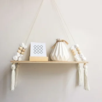 

Wood Hanging Wall Shelf, Princess Style Tassel Beads Decoration Storage Display Stand For Women Girls Kids Bedroom Decor