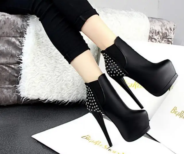 

15CM sexy stiletto boots women's autumn night shop rivet waterproof platform Martin boots black bare boots 1 super high heels