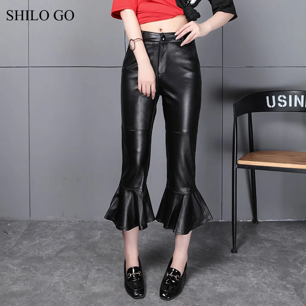 SHILO GO Leather Pants Womens Spring Fashion sheepskin genuine leather Pant vintage slim high waist slim ruffles bud pants