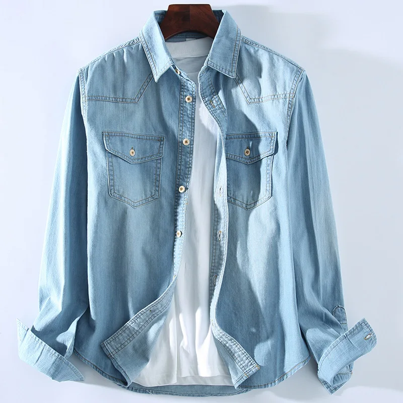 

2018 Classic Fashion Mens Long Sleeve Denim Shirt Soft 100% Cotton Slim Fit Jeans Shirts Wood Button Leisure Brand Clothing XXXL