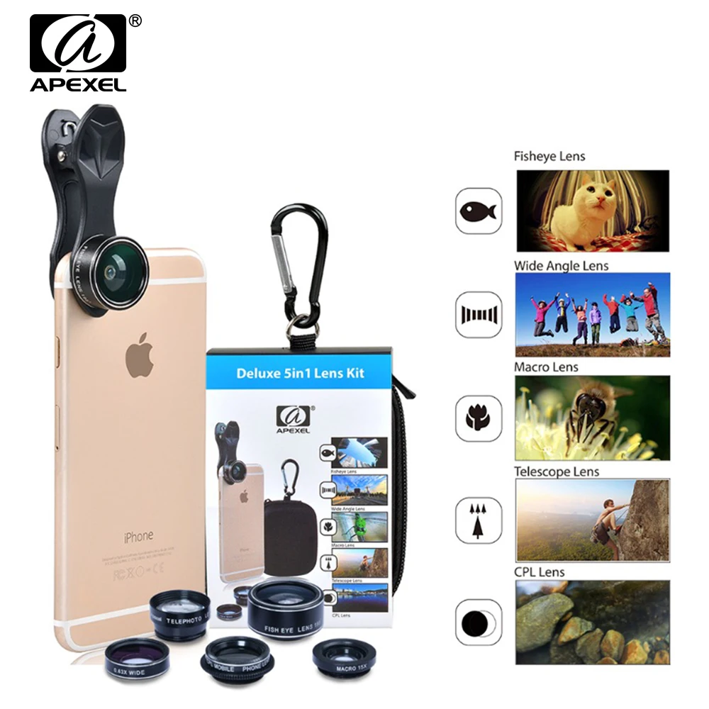 

APEXEL Universal Clip 5in1 Mobile Phone Lens Kit Fish Eye Wide Angle Macro 2X Telephoto CPL Lenses For iPhone 6 7 8 X Smartphone