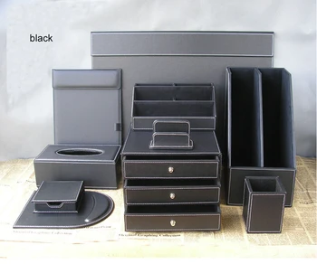 

10PCS/set office leather desk organizer set 2grid file stand 3drawer file cabinet stationeryholder leather desk accessoriesTZ013