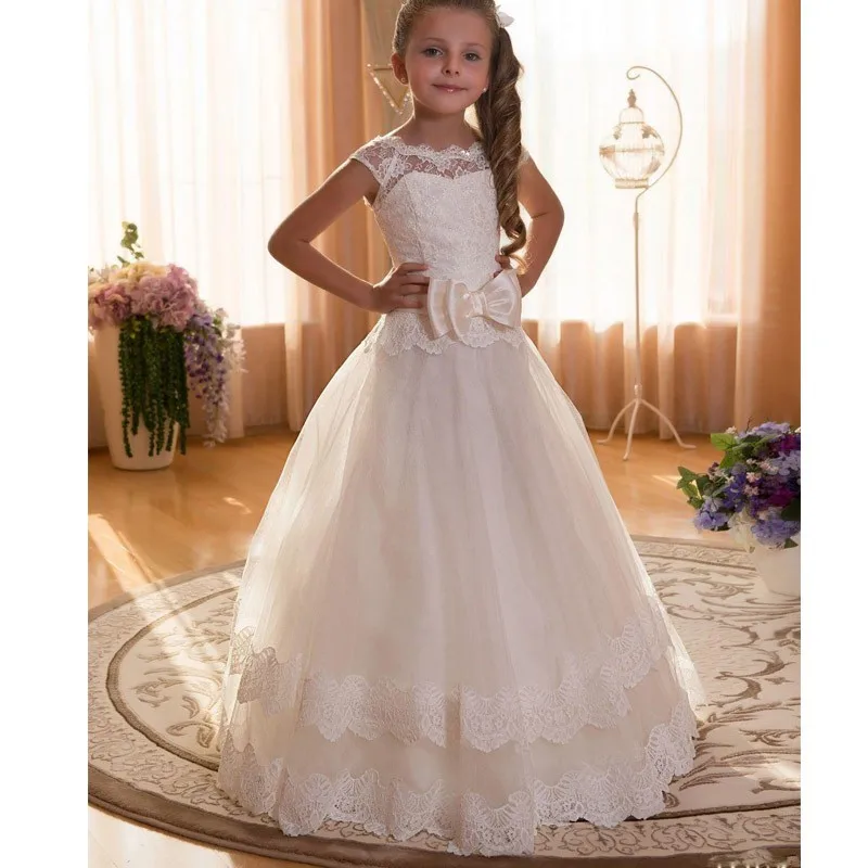Кружевное детское платье для первого причастия с рукавами-крылышками, с бантом, Платья с цветочным узором для девочек на свадьбу, торжественное платье для выпускного вечера для маленьких девочек