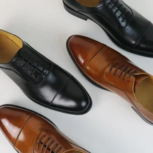 Goodyear leather handmade Oxford shoes British wind three joints men’s business dress shoes groom married youth