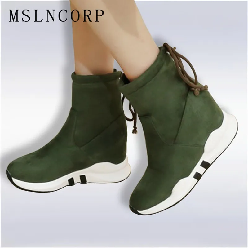 

Plus Size 34-45 Women Height Increasing Ankle Boots Shoelaces Slip-On Ladies Mujer Winter Snow Woman resistant platform Shoes