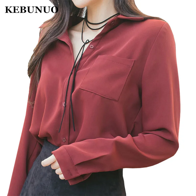 Women Chiffon Solid Tops 2018 New Long Sleeve Pocket Blouses Casual Office Shirts For Female Fashion Ladies Blusas Girl Clothing |