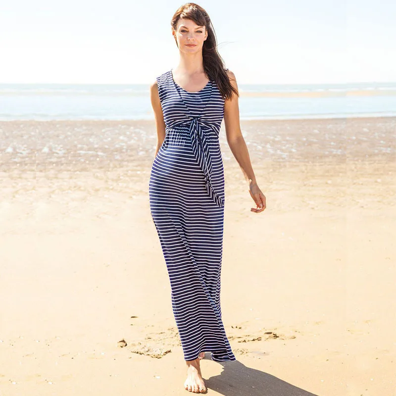 Summer Long Beach Maternity Nursing Dresses Breastfeeding Clothes For Pregnant Women Striped