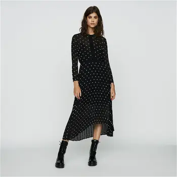 

Women Long Dress 2019 Autumn and Winter New Polka Dot Pleated Dress Long Sleeve/BLACK Female Casual Dress Vestidos Feminino