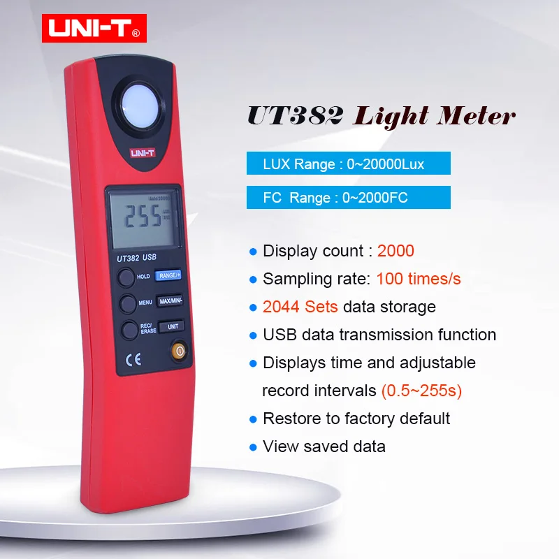 

Digital Light Meter UNI-T UT382 Luxmeter 20-20000 Lux Range Digital Illuminometer with USB Transfer