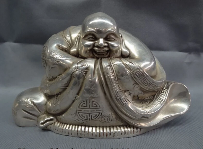 

JP S0114 13" Chinese Silver Wealth Buddhism Shou Happy Laughing Maitreya Buddha Statue (B0328)