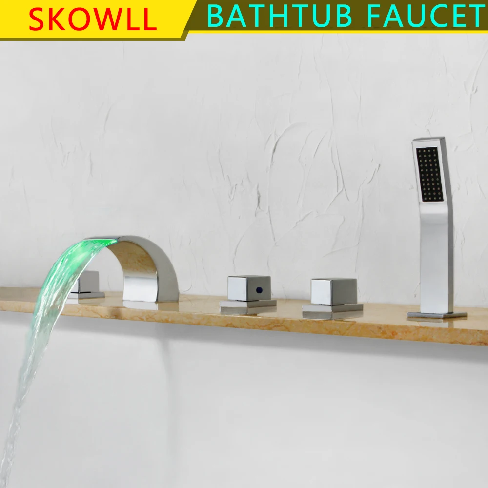 

Deck Mounted 5 pcs Bathtub Faucet LED Waterfall Spout Mixer Taps Chrome